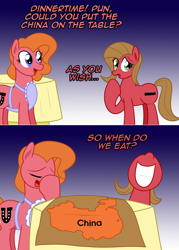 Size: 1148x1602 | Tagged: safe, artist:ladyanidraws, derpibooru import, oc, oc:charity, oc:pun, earth pony, pony, china, female, map, mare, pun, table, visual pun