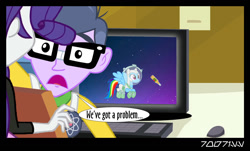 Size: 1288x780 | Tagged: safe, derpibooru import, edit, edited screencap, editor:teren rogriss, screencap, microchips, rainbow dash, rarity, pony, better together, equestria girls, forgotten friendship, astrodash, astronaut, bottle, cider, clothes, computer, costume