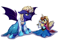 Size: 4000x3000 | Tagged: safe, artist:lupiarts, derpibooru import, oc, oc only, oc:mocha bloom, oc:noctis fructosi junior, bat pony, pony, unicorn, anna, baby, baby pony, bat pony oc, bat wings, clothes, cosplay, costume, crossdressing, cute, daaaaaaaaaaaw, disney, duo, elsa, female, frozen (movie), male, simple background, transparent background, unamused, wings