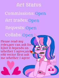 Size: 1080x1440 | Tagged: safe, artist:徐詩珮, derpibooru import, oc, oc only, oc:hsu amity, alicorn, alicorn oc, glasses, horn, mouth hold, not twilight sparkle, paintbrush, purple background, simple background, sitting, solo, text, watch, wings