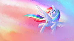 Size: 1920x1080 | Tagged: safe, artist:silshadnic, derpibooru import, rainbow dash, pegasus, pony, cloud, female, flying, mare, sky, solo, spread wings, wings