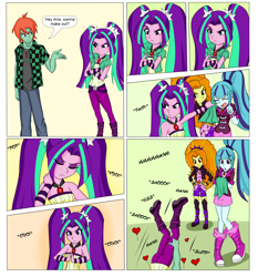 Size: 5578x5988 | Tagged: safe, artist:sodaska, derpibooru import, adagio dazzle, aria blaze, sonata dusk, oc, oc:ruby sword, equestria girls, bait and switch, bare shoulders, bedroom eyes, canon x oc, comic, cracking knuckles, imminent public sex, inminent sex, kissing, looking at each other, lucky bastard, making out, neck crack, onomatopoeia, pounce, resting bitch face, shipping, sleeveless, sound effects, strapless, the dazzlings, thumbs up, tsundaria, tsundere, undressing