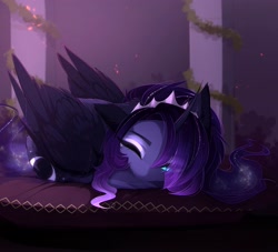 Size: 4096x3721 | Tagged: safe, artist:magnaluna, derpibooru import, princess luna, alicorn, pony, bed, crown, female, jewelry, looking at you, mare, one eye closed, prone, regalia, sleeping, solo