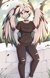 Size: 1928x3000 | Tagged: safe, artist:fensu-san, derpibooru import, oc, oc only, anthro, griffon, anthro oc, clothes, female, griffon oc, hands in pockets, looking at you, pants, ripped pants, shirt, solo, t-shirt