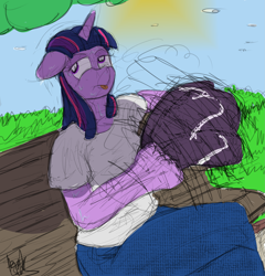 Size: 2605x2709 | Tagged: safe, artist:fetishsketches, derpibooru import, twilight sparkle, anthro, clothes, doodle, female, flip flops, jeans, pants, solo, sweat, tongue out