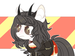 Size: 2688x2016 | Tagged: safe, artist:lazuli, derpibooru import, oc, oc only, demon, demon pony, original species, pony, clothes, ear fluff, female, frown, horns, mare, simple background, solo, transparent background