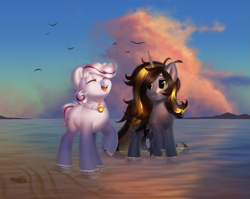 Size: 3179x2530 | Tagged: safe, artist:klooda, derpibooru import, oc, oc:knick knack, oc:whiskey lullaby, bird, earth pony, pony, unicorn, beach, cloud, collar, colt, commission, couple, cute, detailed, detailed background, eyes closed, female, full body, happy, hoof fluff, horn, kniskey, long horn, male, mare, ocean, one hoof raised, open mouth, raised hoof, reflection, sand, seaside, shore, sky, smiley face, smiling, stallion, sunset, water, ych result