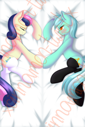 Size: 1181x1771 | Tagged: safe, artist:xcinnamon-twistx, derpibooru import, bon bon, lyra heartstrings, sweetie drops, earth pony, unicorn, bed, blushing, body pillow, body pillow design, clothes, couple, cute, cutie mark, dakimakura cover, design, eyes closed, happy, lying down, obtrusive watermark, patreon, patreon exclusive, patreon link, patreon logo, pillow design, shipart, smiling, socks, stockings, thigh highs, together, watermark