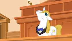 Size: 1920x1080 | Tagged: safe, artist:age3rcm, derpibooru import, prince blueblood, pony, unicorn, ace attorney, bowtie, courtroom, crossover, elements of justice, grin, looking down, male, prosecutor, smiling, solo, stallion