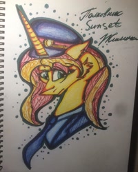 Size: 1080x1350 | Tagged: safe, artist:olyaandspid, derpibooru import, sunset shimmer, pony, unicorn, bust, clothes, female, hat, mare, necktie, police, solo, text, traditional art