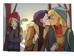 Size: 1232x937 | Tagged: safe, artist:tcn1205, derpibooru import, applejack, rainbow dash, rarity, equestria girls, ..., clothes, coat, female, hat, kissing, lesbian, rarijack, shipping, sweater, thinking, toque