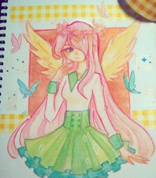 Size: 960x1089 | Tagged: safe, artist:shimelody, derpibooru import, fluttershy, butterfly, human, female, hair over one eye, humanized, traditional art, winged humanization, wings