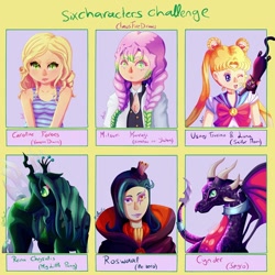 Size: 1080x1080 | Tagged: safe, artist:clausfiredraws, derpibooru import, queen chrysalis, cat, changeling, changeling queen, dragon, human, braid, bust, clothes, collar, crossover, cynder, dragoness, female, kimetsu no yaiba, luna (sailor moon), one eye closed, re:zero, sailor moon, six fanarts, smiling, spyro the dragon, the vampire diaries, wink