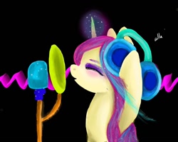 Size: 1080x861 | Tagged: safe, artist:bellas.den, derpibooru import, pony, unicorn, black background, bust, eyes closed, glowing horn, headphones, horn, makeup, microphone, signature, simple background, solo