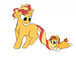 Size: 1280x960 | Tagged: safe, artist:doodletheexpoodle, derpibooru import, sunburst, sunset shimmer, pony, unicorn, baby, baby pony, biting, blank flank, brother and sister, colt, colt sunburst, female, filly, filly sunset shimmer, male, siblings, simple background, sunny siblings, tail bite, white background, younger