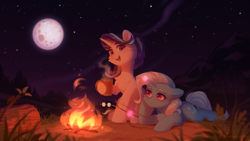 Size: 2809x1580 | Tagged: safe, artist:_floweryoutoday, derpibooru import, starlight glimmer, trixie, pony, unicorn, campfire, camping, cheek fluff, chest fluff, commission, cup, cute, diatrixes, duo, ear fluff, female, field, fire, floppy ears, fluffy, food, glimmerbetes, grass, grass field, hoof on chin, levitation, log, looking at you, magic, mare, marshmallow, moon, mountain, night, open mouth, resting, s'mores, sitting, sky, speedpaint available, stars, telekinesis