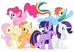 Size: 1435x1024 | Tagged: safe, artist:qehvi, derpibooru import, applejack, fluttershy, pinkie pie, rainbow dash, rarity, twilight sparkle, unicorn twilight, earth pony, pegasus, pony, unicorn, cute, female, grin, jumping, looking up, mane six, mare, missing cutie mark, open mouth, raised hoof, simple background, smiling, white background