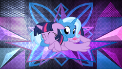 Size: 3840x2160 | Tagged: safe, artist:laszlvfx, artist:the smiling pony, derpibooru import, edit, trixie, twilight sparkle, twilight sparkle (alicorn), alicorn, pony, female, lesbian, prone, shipping, twixie, wallpaper, wallpaper edit