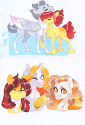 Size: 2550x3754 | Tagged: safe, artist:frozensoulpony, derpibooru import, apple bloom, rumble, oc, oc:brina cupcake, oc:solstice sunshine, oc:tiny seedling, earth pony, pony, unicorn, female, mare, offspring, older, parent:apple bloom, parent:rumble, parents:rumbloom, rumbloom, shipping, straight, traditional art, unshorn fetlocks