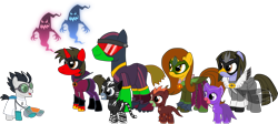 Size: 3536x1578 | Tagged: safe, artist:shadymeadow, derpibooru import, oc, oc:dancing fan, oc:fried egg, pony, unicorn, colt, male, pj masks, ponified, simple background, stallion, transparent background