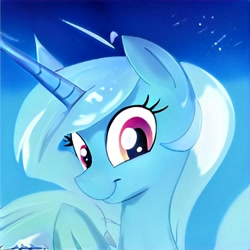 Size: 1024x1024 | Tagged: safe, artist:thisponydoesnotexist, derpibooru import, oc, oc only, pony, unicorn, bust, horn, long horn, looking at you, neural network, not trixie, smiling