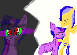 Size: 775x557 | Tagged: safe, artist:girzim88, derpibooru import, flash sentry, twilight sparkle, twilight sparkle (alicorn), alicorn, pegasus, pony, 1000 hours in ms paint, crying, dark magic, deviantart muro, duo, female, flashlight, magic, male, shipping, sombra eyes, straight