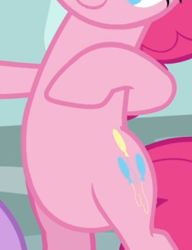 Size: 364x475 | Tagged: safe, derpibooru import, screencap, pinkie pie, earth pony, pony, fame and misfortune, belly, bipedal, cropped, hoof on chest, pictures of bellies, solo