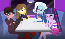 Size: 2488x1508 | Tagged: safe, artist:grapefruitface1, derpibooru import, trixie, twilight sparkle, oc, oc:clover spell, oc:grapefruit face, human, equestria girls, bare shoulders, blushing, canon x oc, clothes, double date, fall formal outfits, female, grapexie, in love, male, shipping, sleeveless, straight, strapless, suit, tuxedo