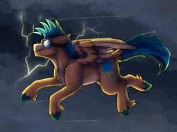 Size: 1366x1024 | Tagged: safe, artist:sursiq, derpibooru import, oc, oc:stingray, pegasus, pony, blue mane, blue tail, flying, goggles, lightning, orange body, rain, smiling, solo, spread wings, storm, storm chaser, storming, wings