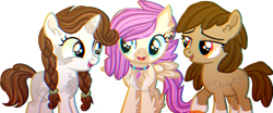Size: 1280x530 | Tagged: safe, artist:star-gaze-pony, derpibooru import, oc, oc only, oc:flimsy meadow, oc:pancake, oc:river flow, classical hippogriff, earth pony, hippogriff, hybrid, pony, unicorn, chromatic aberration, interspecies offspring, offspring, parent:apple bloom, parent:featherweight, parent:pipsqueak, parent:scootaloo, parent:sweetie belle, parent:terramar, parents:featherbloom, parents:sweetiesqueak, parents:terraloo, simple background, transparent background