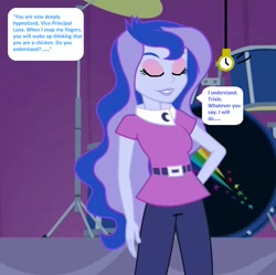 Size: 597x594 | Tagged: safe, derpibooru import, edit, edited screencap, editor:thomasfan45, screencap, princess luna, vice principal luna, human, equestria girls, rainbow rocks, 1000 hours in ms paint, belt, blouse, clothes, cute, cymbal, description is relevant, drum set, eyeshadow, female, hand on hip, hypnosis, hypnotist, hypnotized, implied trixie, makeup, offscreen character, pants, pendulum swing, pocket watch, post-hypnotic trigger, sleeping, smiling, solo, speech bubble, story included, talent show, trance