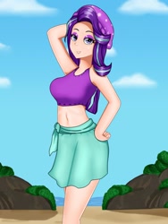 Size: 770x1024 | Tagged: safe, alternate version, artist:focusb, derpibooru import, edit, editor:thomasfan45, starlight glimmer, human, equestria girls, arm behind head, armpits, beach, beanie, bedroom eyes, belly button, bikini, breasts, clothes, cute, eyeshadow, female, hand on hip, hat, human coloration, lidded eyes, looking at you, makeup, midriff, ocean, pose, sand, sarong, smiling, solo, starlight jiggler, swimsuit