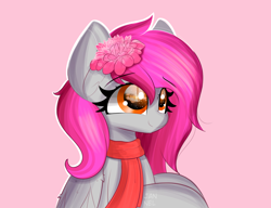 Size: 4740x3644 | Tagged: safe, artist:janelearts, derpibooru import, oc, pegasus, pony, female, flower, flower in hair, mare, pink background, simple background, solo