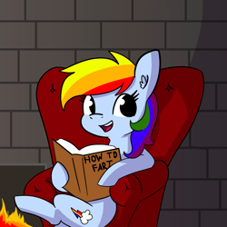 Size: 2250x2250 | Tagged: safe, artist:tjpones, derpibooru import, edit, rainbow dash, pegasus, pony, book, female, fire, fireplace, mare, open mouth, rainbow dash presents, solo