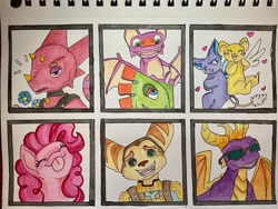 Size: 1080x810 | Tagged: safe, artist:nerrenya, derpibooru import, pinkie pie, anthro, dragon, earth pony, pony, animal crossing, anthro with ponies, bust, cardcaptor sakura, chameleon, crossover, eyes closed, female, flick, flower, kero, keroberos, licking, male, mare, ratchet and clank, six fanarts, spyro the dragon, sunglasses, tongue out, traditional art, yooka-laylee