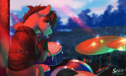 Size: 1725x1044 | Tagged: safe, artist:silentwulv, derpibooru import, oc, oc only, earth pony, pony, audience, clothes, concert, crowd, drum kit, drummer, drums, drumsticks, male, musical instrument