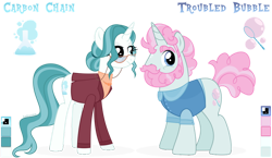 Size: 1024x592 | Tagged: safe, artist:kabuvee, derpibooru import, oc, oc only, oc:carbon chain, oc:troubled bubble, pony, unicorn, clothes, female, glasses, male, mare, simple background, stallion, transparent background