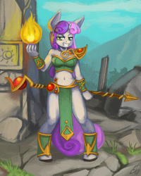 Size: 1000x1250 | Tagged: safe, artist:lexx2dot0, derpibooru import, sweetie belle, anthro, unguligrade anthro, unicorn, armor, belly button, fire, mage, magic, midriff, mountain, pyro belle, staff