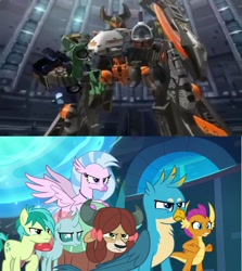 Size: 1280x1432 | Tagged: safe, derpibooru import, screencap, gallus, ocellus, sandbar, silverstream, smolder, yona, school raze, clash of hasbro's titans, crossover, jolt (transformers), minicons, reverb, sideways(cybertron), six-speed, student six, transformers, transformers cybertron, transformers galaxy force, you monster