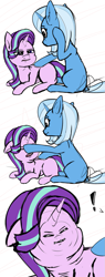 Size: 561x1473 | Tagged: safe, artist:mranthony2, derpibooru import, starlight glimmer, trixie, unicorn, boop, comic strip, exclamation point, meme, missing cutie mark, rough sketch, scrunchy face, simple background, sketch, white background