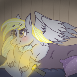 Size: 768x768 | Tagged: safe, artist:valkiria, derpibooru import, derpy hooves, pegasus, bed, biting, blanket, blushing, cute, female, flashlight (object), lying down, pillow, simple background, smiling, solo