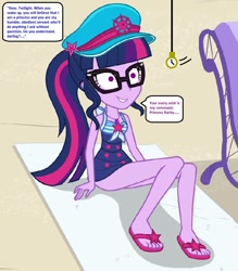 Size: 711x810 | Tagged: safe, derpibooru import, edit, edited screencap, editor:thomasfan45, screencap, sci-twi, twilight sparkle, human, better together, equestria girls, forgotten friendship, 1000 hours in ms paint, bare arms, beach, beach chair, beach towel, clothes, cute, darling, description is relevant, feet, female, geode of telekinesis, glasses, hat, hypnosis, hypnotized, implied rarity, legs, magical geodes, obedience, offscreen character, one-piece swimsuit, pendulum swing, pocket watch, ponytail, sand, sandals, servant, sitting, smiling, solo, speech bubble, story included, swimsuit, trance