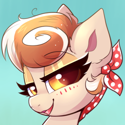 Size: 500x500 | Tagged: safe, artist:confetticakez, derpibooru import, oc, oc:cinnamon spangled, earth pony, pony, bandana, blushing, bust, female, icon, lidded eyes, mare, simple background, solo