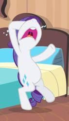 Size: 444x783 | Tagged: safe, derpibooru import, screencap, rarity, pony, unicorn, rarity takes manehattan, bed, belly, bipedal, cropped, crying, nose in the air, solo, uvula, volumetric mouth