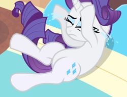 Size: 978x752 | Tagged: safe, derpibooru import, screencap, rarity, pony, unicorn, rarity takes manehattan, bed, cropped, crying, eyes closed, lying on bed, on bed, solo