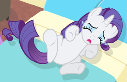 Size: 1223x795 | Tagged: safe, derpibooru import, screencap, rarity, pony, unicorn, rarity takes manehattan, bed, belly, cropped, crying, cute, lying on bed, on bed, open mouth, sad, sadorable, solo