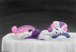 Size: 1024x709 | Tagged: safe, artist:rockhoppr3, derpibooru import, sweetie belle, pony, unicorn, bed, blanket, cute, diasweetes, drool, eyes closed, pillow, sleeping, solo, unshorn fetlocks