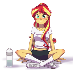 Size: 900x900 | Tagged: safe, artist:riouku, derpibooru import, sunset shimmer, equestria girls, adorasexy, belly button, blushing, clothes, crossed legs, cute, female, midriff, sexy, shimmerbetes, shirt, simple background, smiling, solo, water bottle, white background