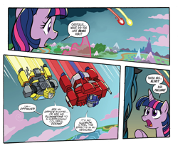 Size: 1988x1656 | Tagged: safe, artist:tonyfleecs, derpibooru import, idw, queen chrysalis, twilight sparkle, twilight sparkle (alicorn), alicorn, changeling, changeling queen, spoiler:comic, spoiler:friendship in disguise, bumblebee, comic, crossover, equestria, magic, open mouth, optimus prime, transformers