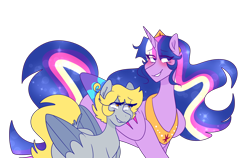 Size: 2048x1293 | Tagged: safe, artist:cubbybatdoodles, derpibooru import, derpy hooves, princess twilight 2.0, twilight sparkle, twilight sparkle (alicorn), alicorn, the last problem, blushing, colored wings, colored wingtips, female, jewelry, lesbian, long mane, long tail, regalia, shipping, short mane, short tail, simple background, size difference, transparent background, twerpy